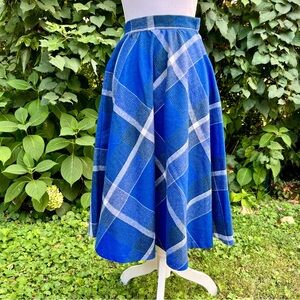 1970’s blue & white plaid wool blend a-line midi skirt